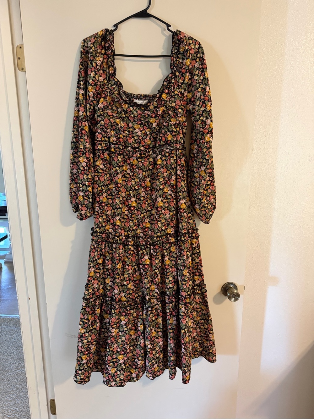 Altar'd State Black Floral Long-Sleeve Midi Dress with Pink and Yellow Accents